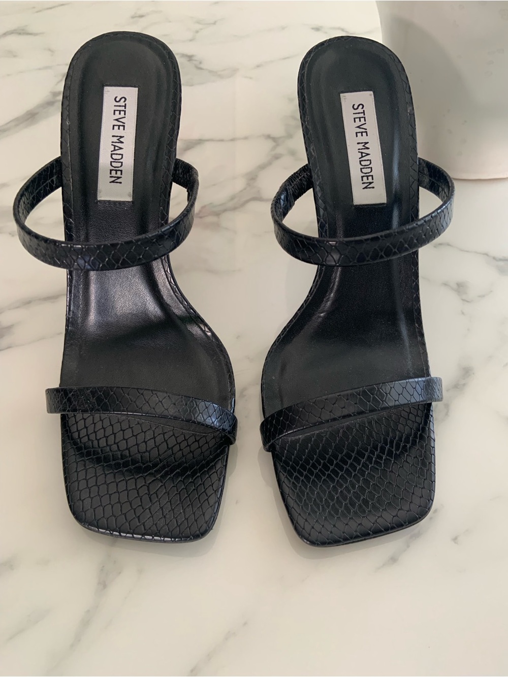 Steve Madden Black Snake-Embossed Strappy Stiletto Heels